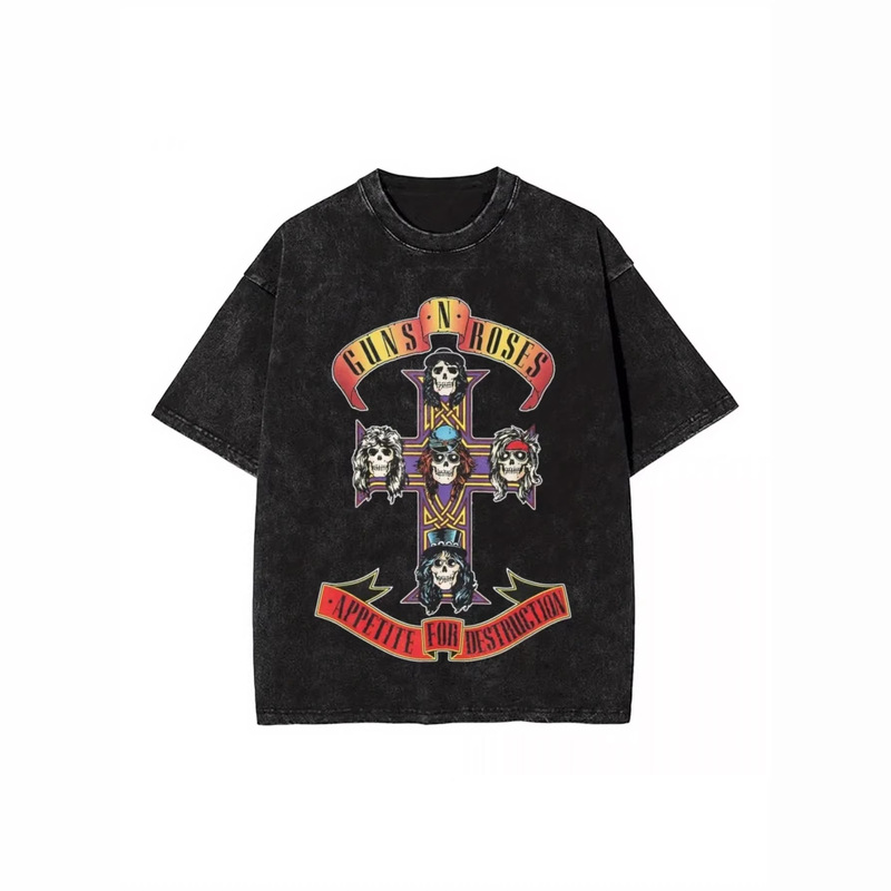 Long-Term Supply of [Cross-Border 230g] Washed Printed T-Shirts, Featuring Hip-Hop Motifs of Guns, Roses, and Crosses