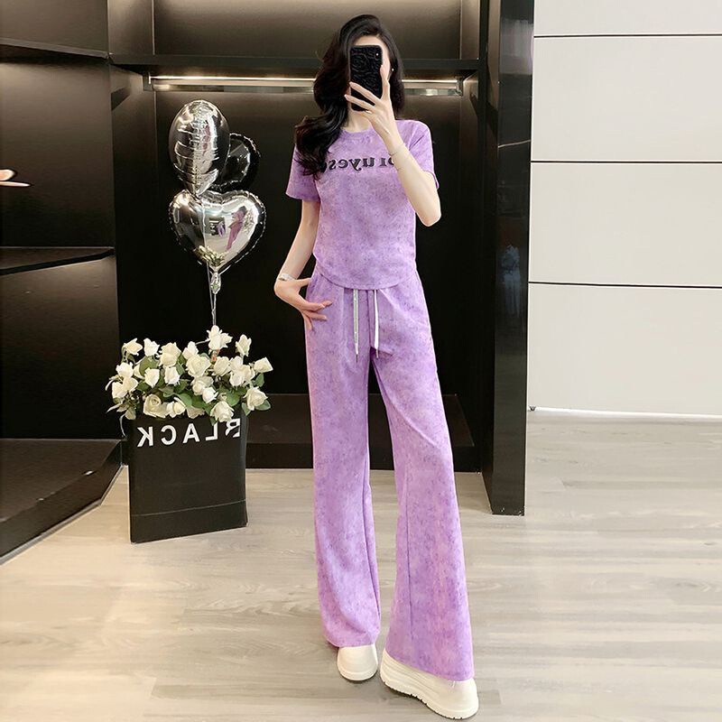 Light blue tie-dye fashion youthful casual sports suit for women, 2026 summer new short-sleeve wide-leg pants two-piece set Light blue tie-dye fashion youthful casual sports suit for women, 2026 summer new short-sleeve wide-leg pants two-piece set