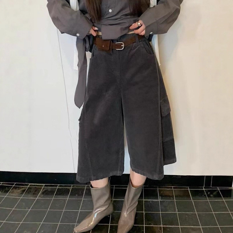 American-Style Workwear Corduroy Cropped Pants for Women, Early Autumn 2025 New Style, Multi-Pocket, Loose, Slimming, Wide-Leg, Floor-Length Trendy Pants