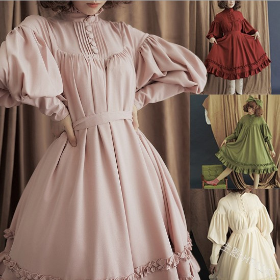 日系メイドcos服新作長袖ゆったりボタン立襟レース灯籠袖飾り純色lワンピース|undefined