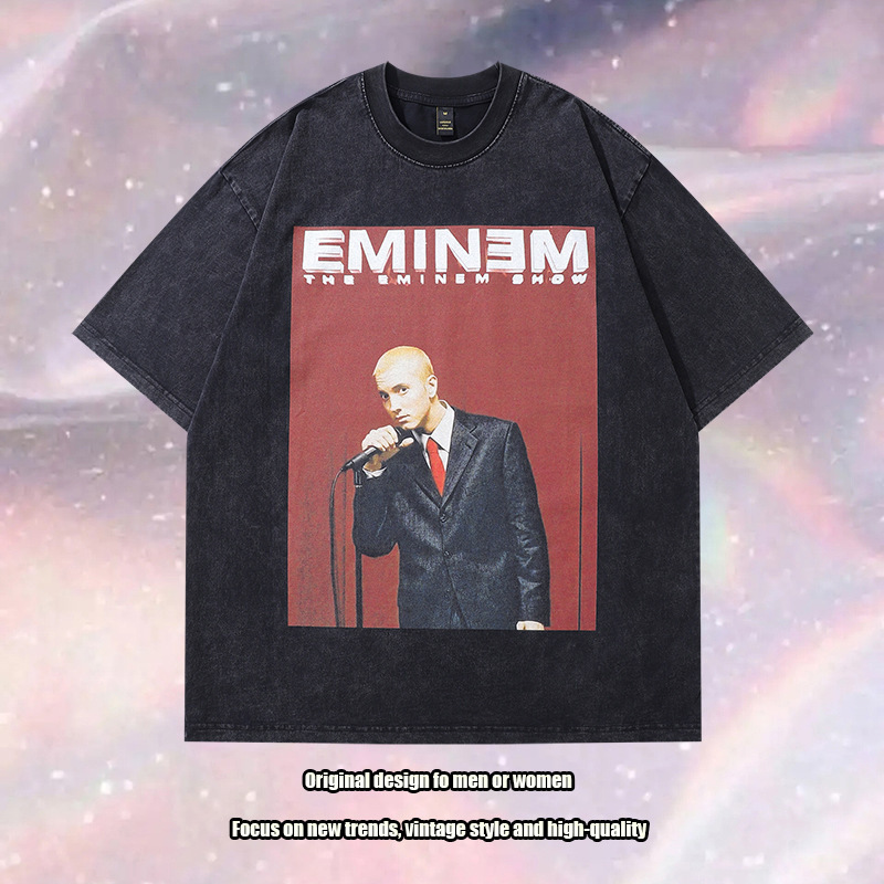 Tkpa American Hiphop Retro Trendy Brand Eminem Printed High Street Washed Distressed Pure Cotton Heavy Short-Sleeved T-Shirt for Men