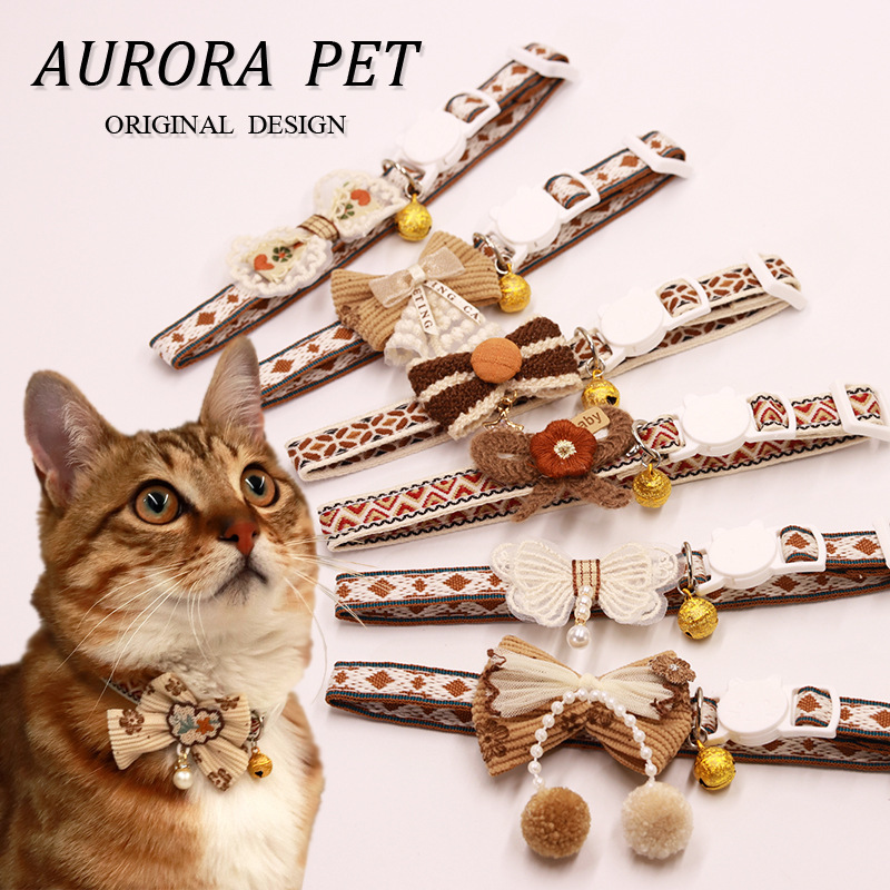Cross-border pet wholesale brown bow tie collar hanging beads lace bow bell cat necklace anti-suffocation safety buckle