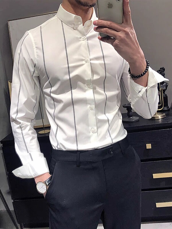 Spring and Summer Long-Sleeved Men's Shirts, Striped, Iron-Free, Anti-Wrinkle, Korean Style, Cool Design, Casual British Business Shirts Spring and Summer Long-Sleeved Men's Shirts, Striped, Iron-Free, Anti-Wrinkle, Korean Style, Cool Design, Casual British Business Shirts
