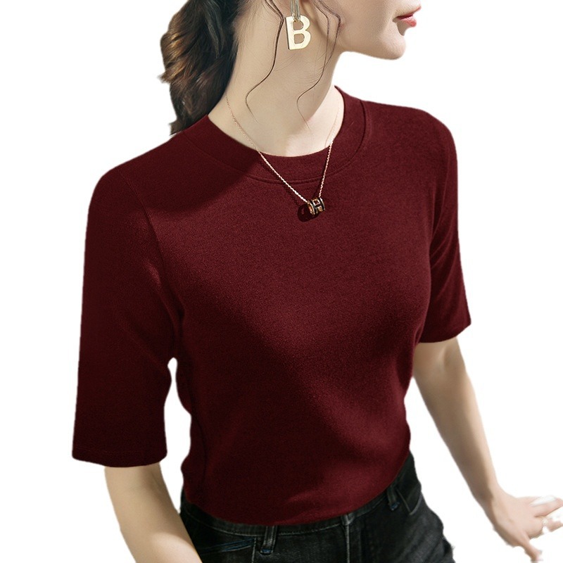 Top de algodón modal cuello redondo camisa de fondo de manga media para mujer primavera y verano 2025 nuevo estilo interior camiseta de manga de cinco puntos para mujer delgada