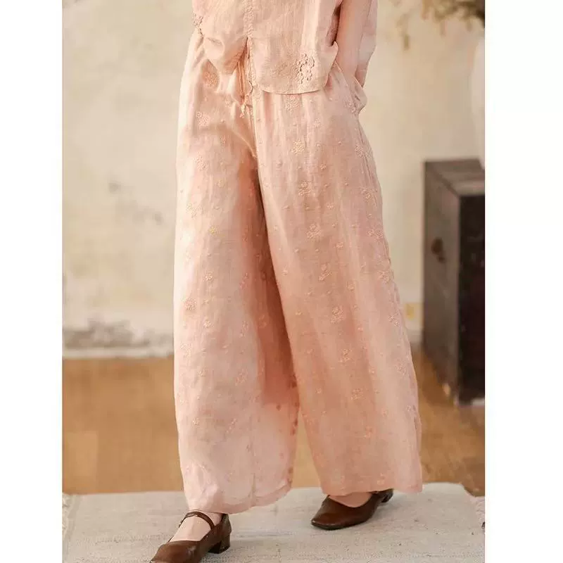 Летние тонкие широкие брюки из рами с тяжелой вышивкой, эластичные свободные льняные повседневные брюки с высокой талией, универсальные женские брюки в стиле ретро