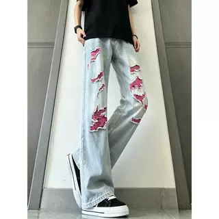 cleanfit蓝粉色破洞牛仔裤男潮牌痞帅高街vibe裤子美式直筒乞丐裤