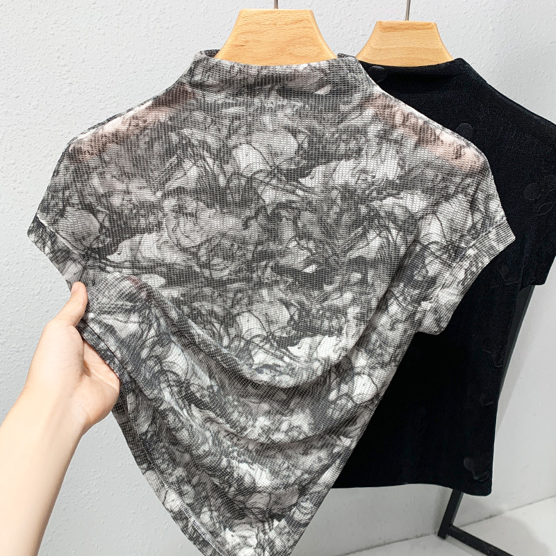 Camiseta de cuello alto de las mujeres 2023 nuevas mujeres europeas de malla impresa estilo occidental pequeña camisa elegante chaleco sin mangas image 2
