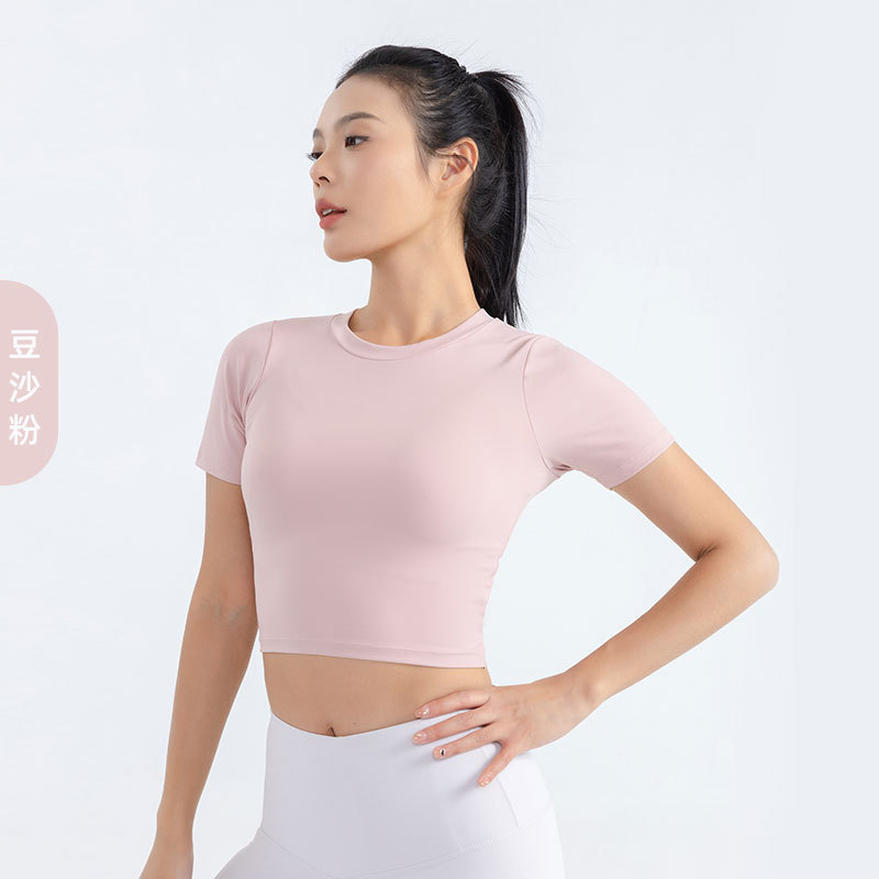 新款瑜伽服短袖裸感时尚修身开背露脐运动上衣女速干健身t恤|undefined