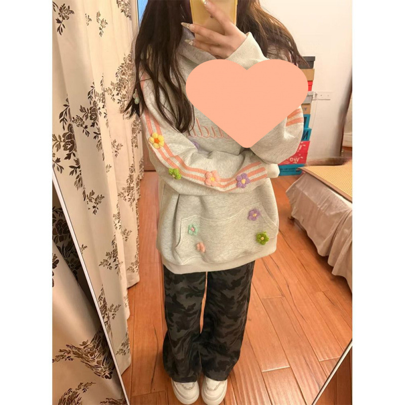 美式复古立体花朵刺绣连帽卫衣女春秋潮牌宽松休闲小个子百搭上衣|undefined