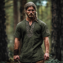 欧美夏季男士麻料短袖宽松休闲圆领T恤3D民族风数码印花上衣