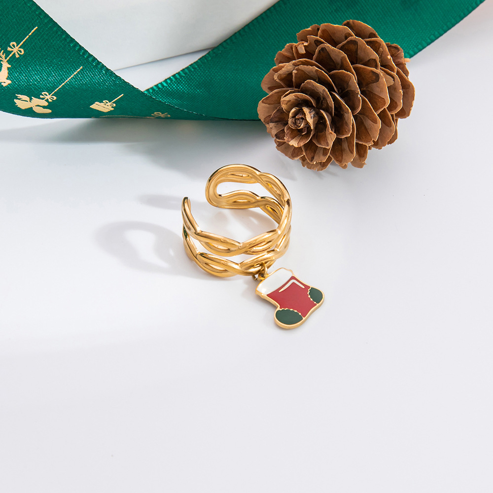Women's Gender PVD Coated Real Gold Plated Santa Claus Christmas Socks 304 Stainless Steel Cute Modern Style Classic Style Waterproof Non Tarnish Charm Rings Open Rings