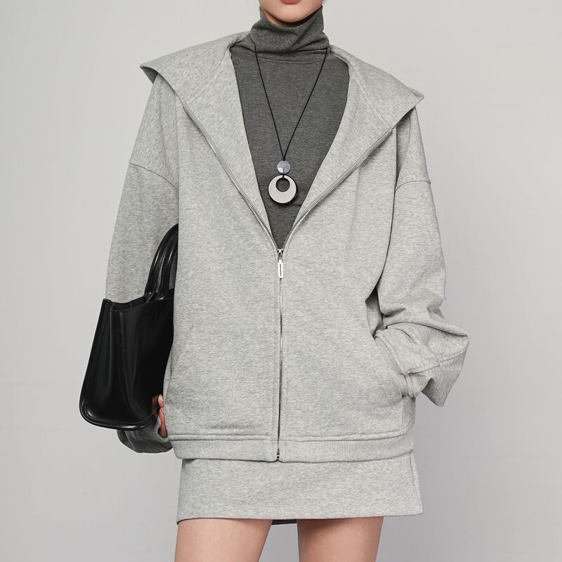 Biyi0206 Australian long-staple cotton sweatshirt and short skirt two-piece set, brushed velvet, relaxed silhouette, hooded jacket for women