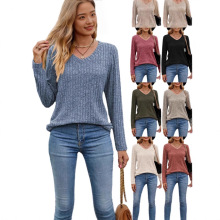 2025亚马逊春秋欧美女式V领磨毛坑条纯色长袖T恤上衣舒适休闲风