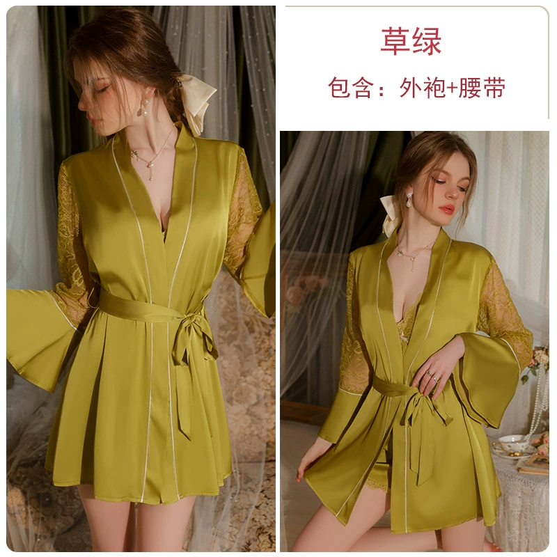 Гибкий Sexy pijama, кружевной халат, комплект, европейский стиль, V-образный вырез