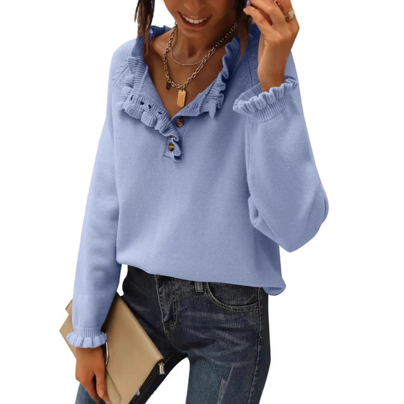 2024 Cross-Border Autumn and Winter Amazon Women's New Knitted Casual Long-Sleeved Button Ruffled Pullover Sweater for Women 2024 Cross-Border Autumn and Winter Amazon Women's New Knitted Casual Long-Sleeved Button Ruffled Pullover Sweater for Women