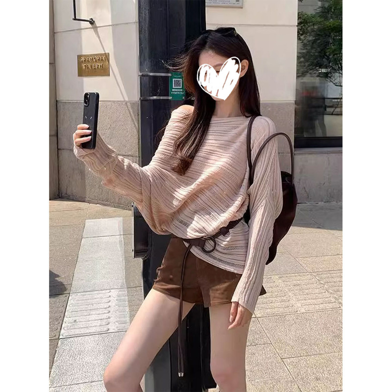 French-Style Lazy Irregular Long-Sleeve Striped Knit Top with Hollow-Out Off-Shoulder Design and Shorts Women's Versatile Two-Piece Set