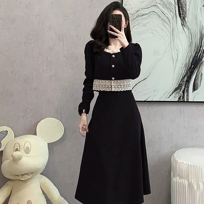 Оптовая продажа хепберн стиль маленькое платье французское ретро темперамент бархатный рукав пузырь маленькая черная юбка платье с высокой талией тонкая