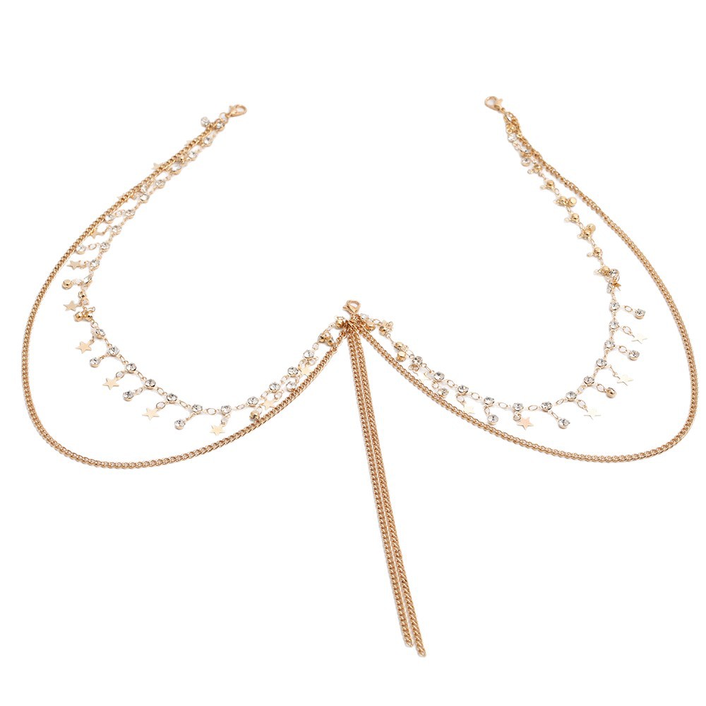 Cadena de joyería corporal casual de playa, estilo europeo y americano, sexy y exagerada, con colgante de diamante brillante y borlas, para el pecho.