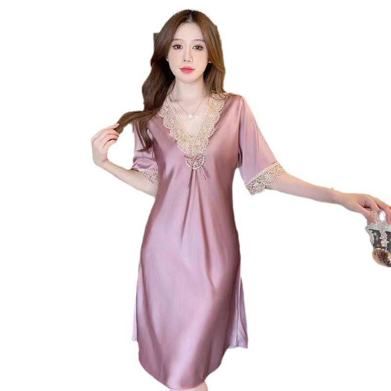 Verano gran V-collar pijama de seda de hielo de manga corta para jóvenes estudiantes de encaje sexy y elegante se puede usar ropa de hogar