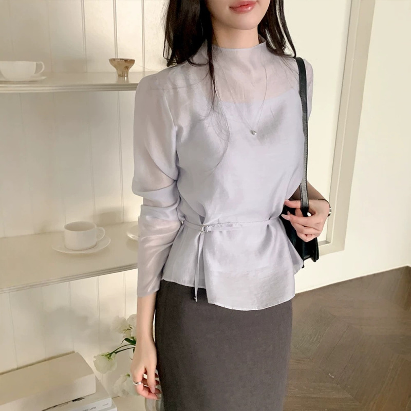 Korean ins-style romantic and elegant semi-high-neck semi-transparent waist-tied shirt + camisole two-piece set for spring and autumn Korean ins-style romantic and elegant semi-high-neck semi-transparent waist-tied shirt + camisole two-piece set for spring and autumn