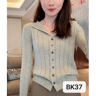 韩系时尚V领长袖女装秋季新款气质显瘦设计感小翻领毛衣针织开衫