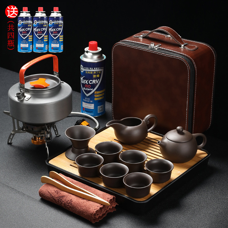 2F紫砂戶外旅行功夫茶具套裝便攜煮茶爐六杯野外帶燒水茶壺喝茶泡