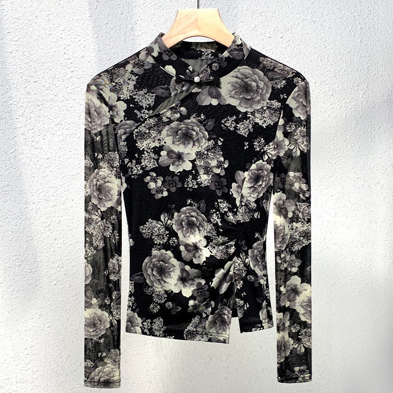 Camiseta de impresión de manga larga negra de estilo nacional para mujeres 2025 primavera nueva ropa de mujer nueva chaqueta china de cuello de botón image 4
