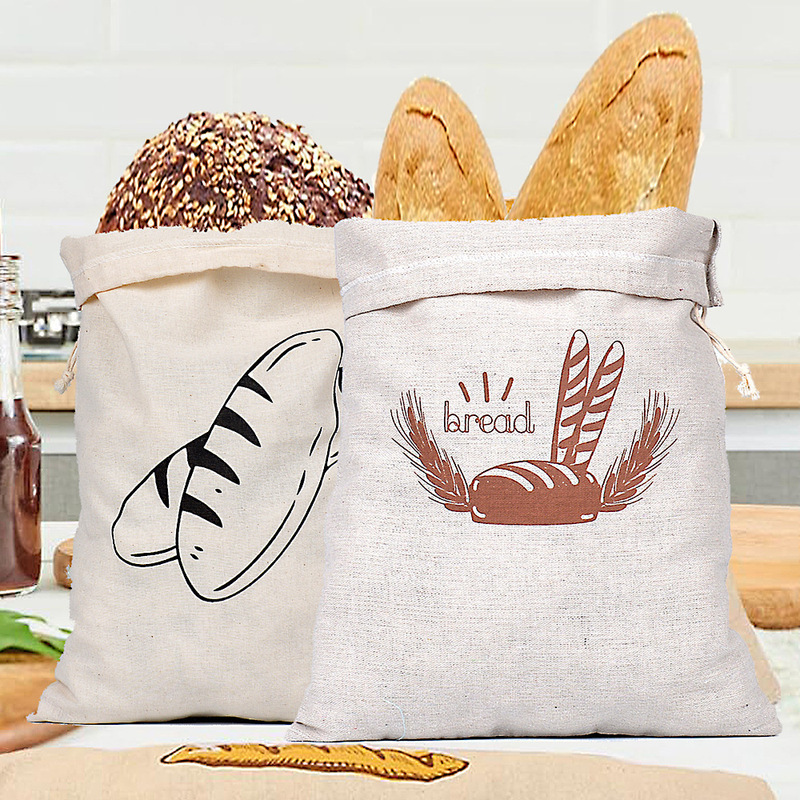 Cross border linen bread bag reusable baguette drawstring bag cotton bunt bread bag