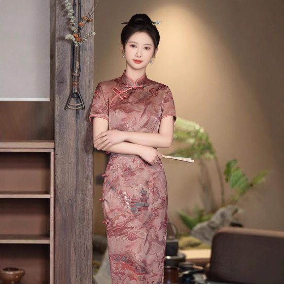 2025 New Vintage Daily Old Shanghai Long Spring and Summer Cheongsam Temperament Improved Bronzing Imitation Xiangyun Yarn Double Layer