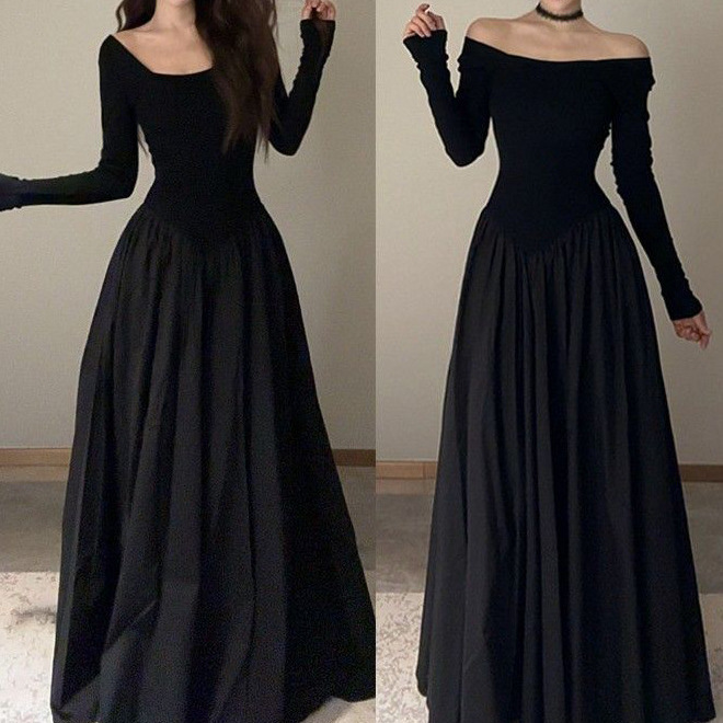 Hepburn Style Long-Sleeved Dress for Women in Autumn and Winter New French Retro Waist Slimming Look Black Bottoming Long Skirt
