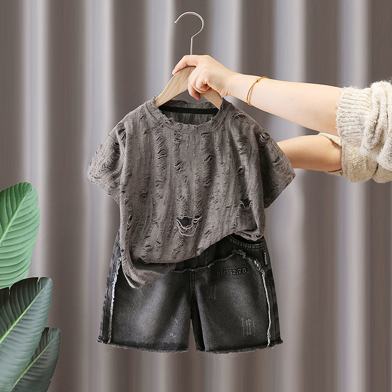 7133 traje de verano para niños ropa coreana de manga corta para niños camiseta hueca de verano pantalones cortos de mezclilla de dos piezas de verano