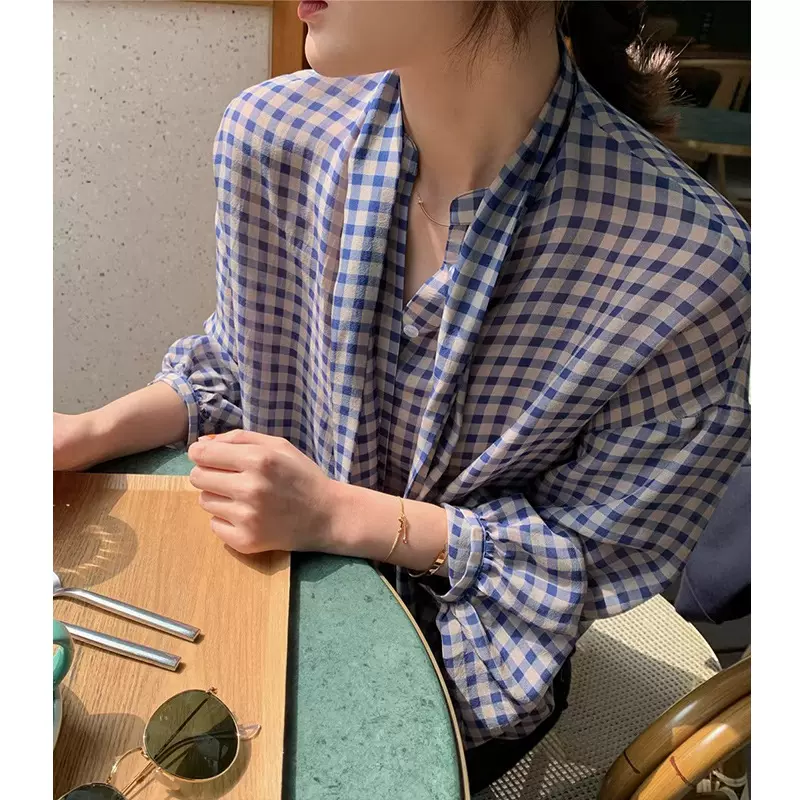 高级轻奢早春2025高端法式格子飘带衬衫女春气质时髦设计防晒衬衣