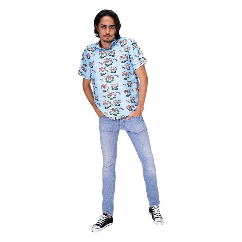 Moda europea y americana hombres adultos guapo color claro impreso camisa Hawaii playa moda casual transfronteriza ropa de hombre