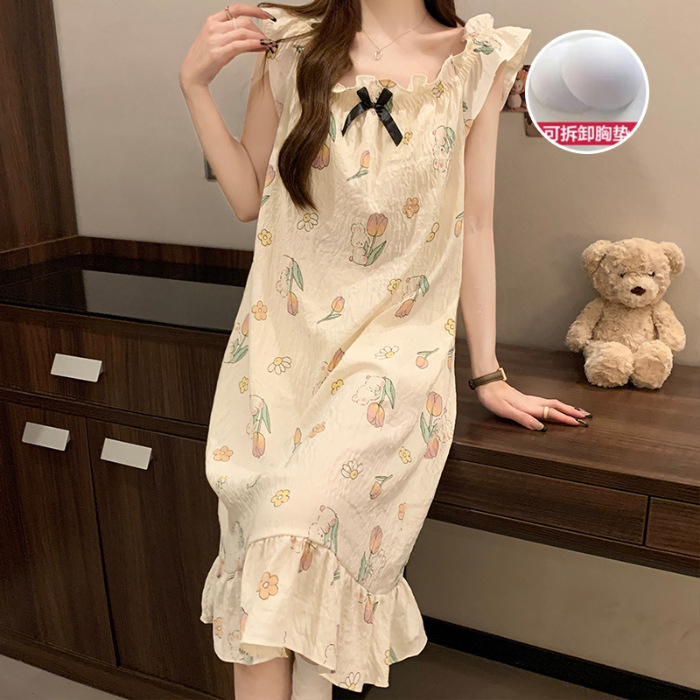 Camisón de las mujeres vestido de mitad de longitud verano dulce Correa linda princesa estilo estudiante con almohadilla en el pecho pijamas vestido entrega en vivo