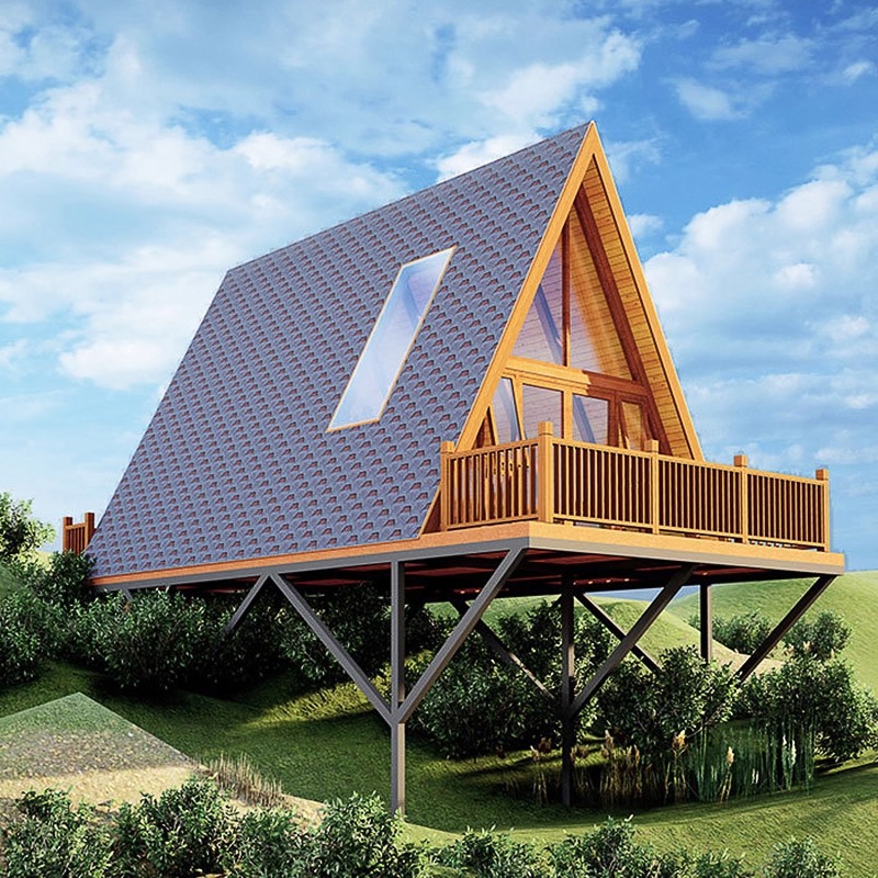 Casa de madera triangular red de lujo al aire libre salvaje cabaña de vacaciones alojamiento residencial pequeña casa de diseño villa patio casa en el árbol