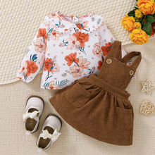 春秋欧美新款女宝宝花花女童上衣灯心绒儿童裙子套装一件代发童装