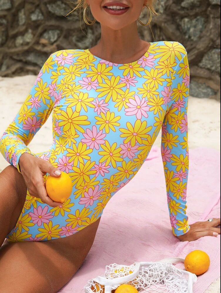 Long Sleeve Sleeve Length Women's Vacation Flower 1 Piece One Piece Swimwear