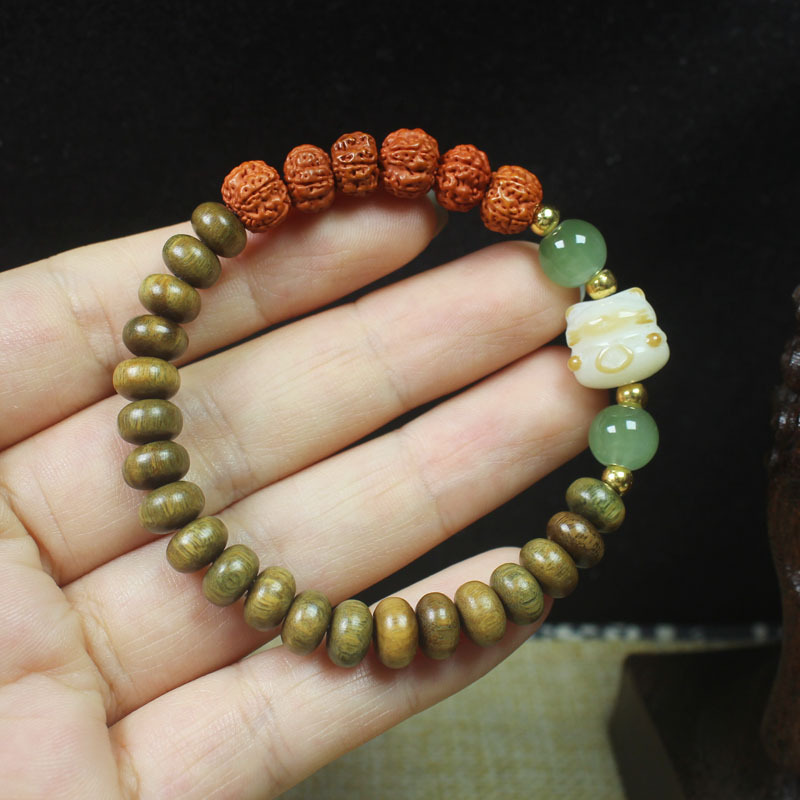 Green Sandalwood Abacus Beads with Rudraksha Bracelets, Wooden Flowers, Chinese Style Bracelets, Men's and Women's Jewelry, Buddhist Beads, Rosary Beads