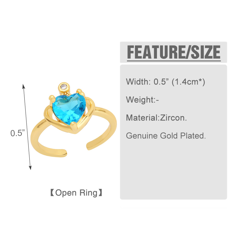 Retro Heart-shaped Ring Inlaid Zircon Crown Copper Open Ring display picture 1