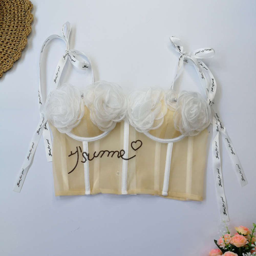 Lencería sexy con almohadilla en el pecho corto ver a través de la correa bellyband expuesto ombligo sexy Correa chica linda flor tubo superior