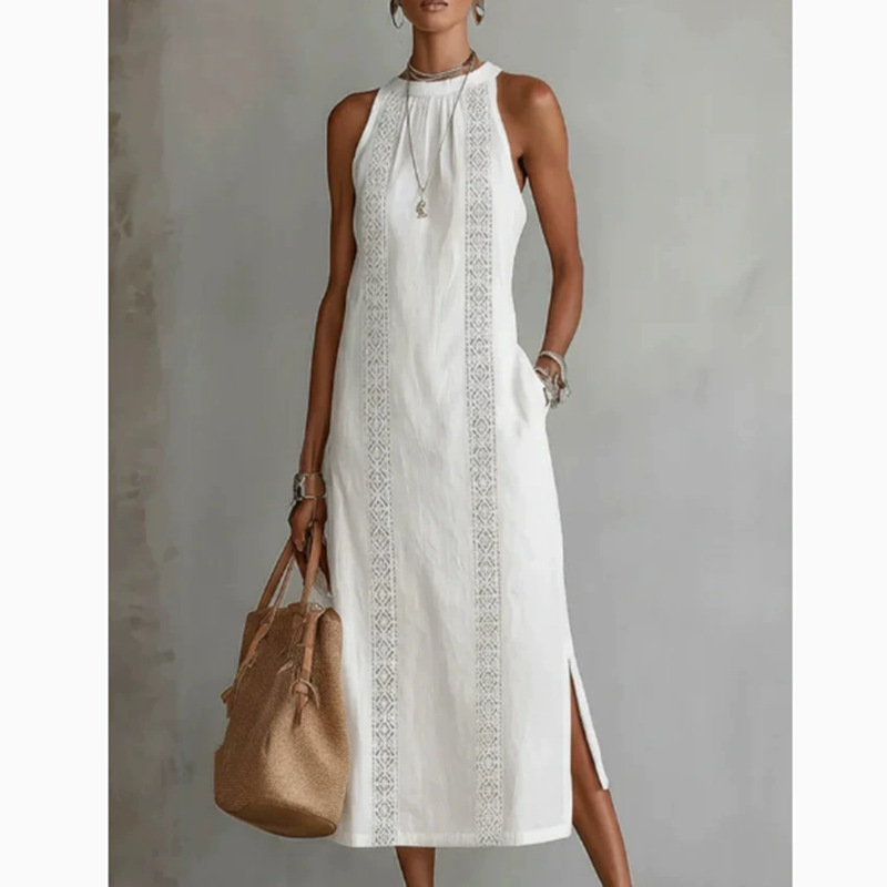 2026 Amazon European and American Cross-Border Foreign Trade Women's New Product Round Neck Sleeveless Lace Slit Solid Color Cotton and Linen Dress 2026 Amazon European and American Cross-Border Foreign Trade Women's New Product Round Neck Sleeveless Lace Slit Solid Color Cotton and Linen Dress