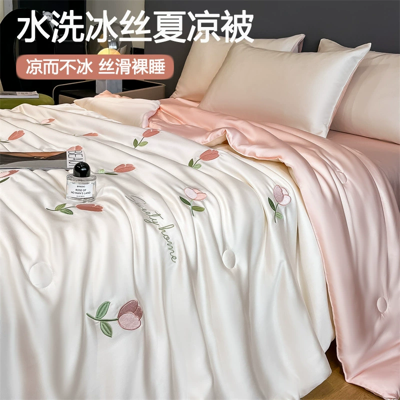 Летнее прохладное одеяло из ледяного шелка, комплект из четырех предметов, прохладное одеяло с кондиционером, летнее одинарное и двойное тонкое летнее одеяло, которое можно стирать в машине, новый стиль 2025 года