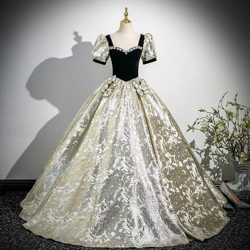 2026 New Style Gold-Embossed Evening Dress for Art Exams, Vocal Solo Performances, A-Line Skirt, Runaway Princess Style Puffy Dress