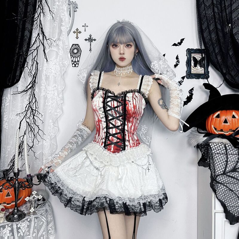 Xs24283 Dark Subculture Blood-Stained Printed Corset Vest with Lace-Up Waist Cincher Halloween Gothic Suspender Top Xs24283 Dark Subculture Blood-Stained Printed Corset Vest with Lace-Up Waist Cincher Halloween Gothic Suspender Top