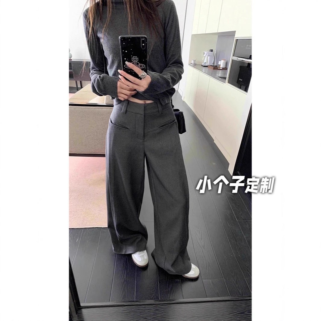150 Petite High-End American-Style Suit Pants for Women, Autumn High-Waisted Loose Straight-Leg Casual Wide-Leg Floor-Length Pants