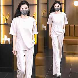 简约感休闲套装女2025年新夏季宽松气质百搭大码T恤阔腿裤两件套