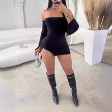 欧美风外贸2024新款性感一字肩时尚裹胸开叉包臀短裙辣妹连衣裙女