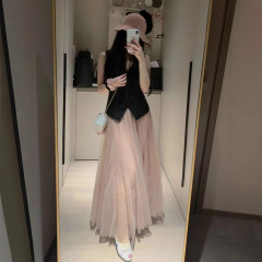2025新款春秋粉色字纱裙高腰中长款网纱半身裙女超仙伞裙垂感