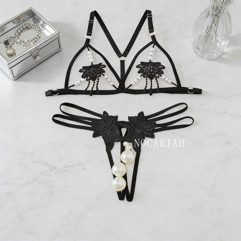 Sexy Intimates Set, Tempting Three-Point Oversized Pearl Massage Thong, Sexy Transparent Temptation T-Pants