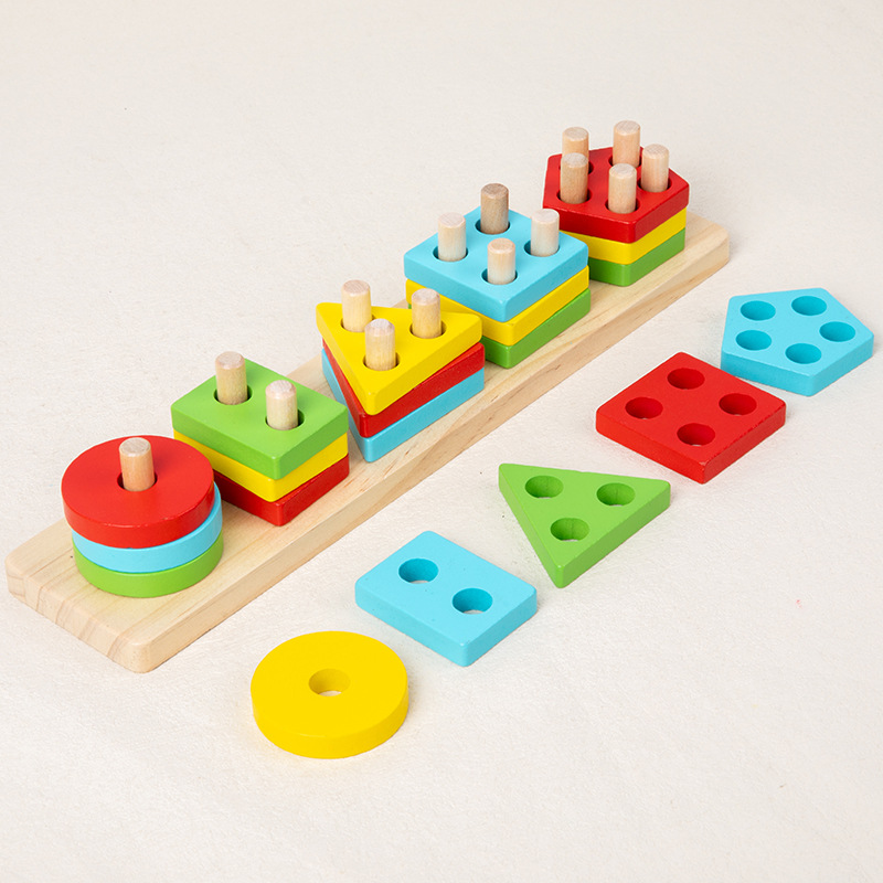 Bloques de madera de columna de madera para bebés movimiento fino educación temprana de la geometría de pares de colores juguetes de clasificación cognitiva